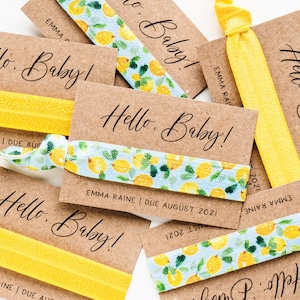 Lemon Baby Shower Personalized Hair Tie Favors | Hello Baby Gender Neutral Shower Favors, Sweet Little Lemon, Lemonade Theme Baby Shower