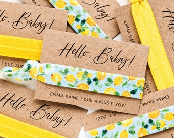 Lemon Baby Shower Personalized Hair Tie Favors | Hello Baby Gender Neutral Shower Favors, Sweet Little Lemon, Lemonade Theme Baby Shower