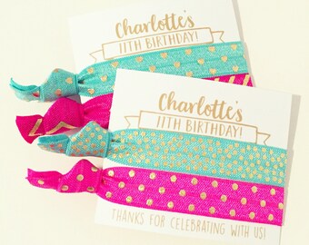 Girls Birthday Party Hair Tie Favors | Custom Birthday Hair Tie Favors, Personalized Party Favors, Pink Coral Teal Turquoise Gold Hair Ties
