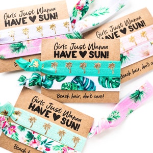 Girls Just Wanna Have Sun! | Bachelorette Hair Tie Favors, Beach Hair Don't Care Elastic Hair Ties, Tropical Palm Leaf Elastic Hair Ties