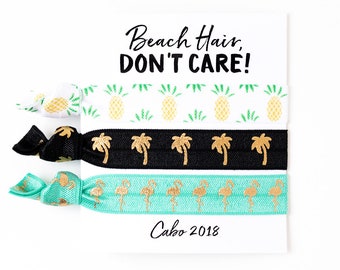 Beach Hair Don't Care! Hair Tie Set | Tropical Hair Tie Gift, Palm Tree Flamingo Pineapple Bachelorette Party Favor, Girls Trip Getaway Gift