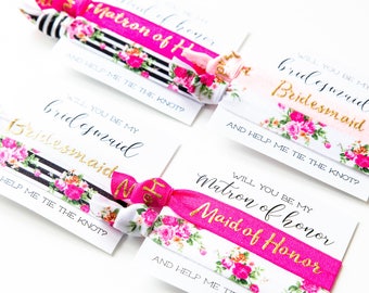 Will You Be My Bridesmaid Hair Tie Gift | Hot Pink Black White + Gold Floral Hair Tie Bridesmaid Gift, Flower Bridesmaid Proposal Card