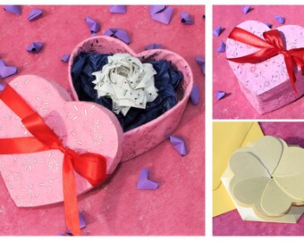 Everlasting origami rose in heart box giftset - Christmas, 1st paper / 4th flower wedding anniversary gift, birthday present