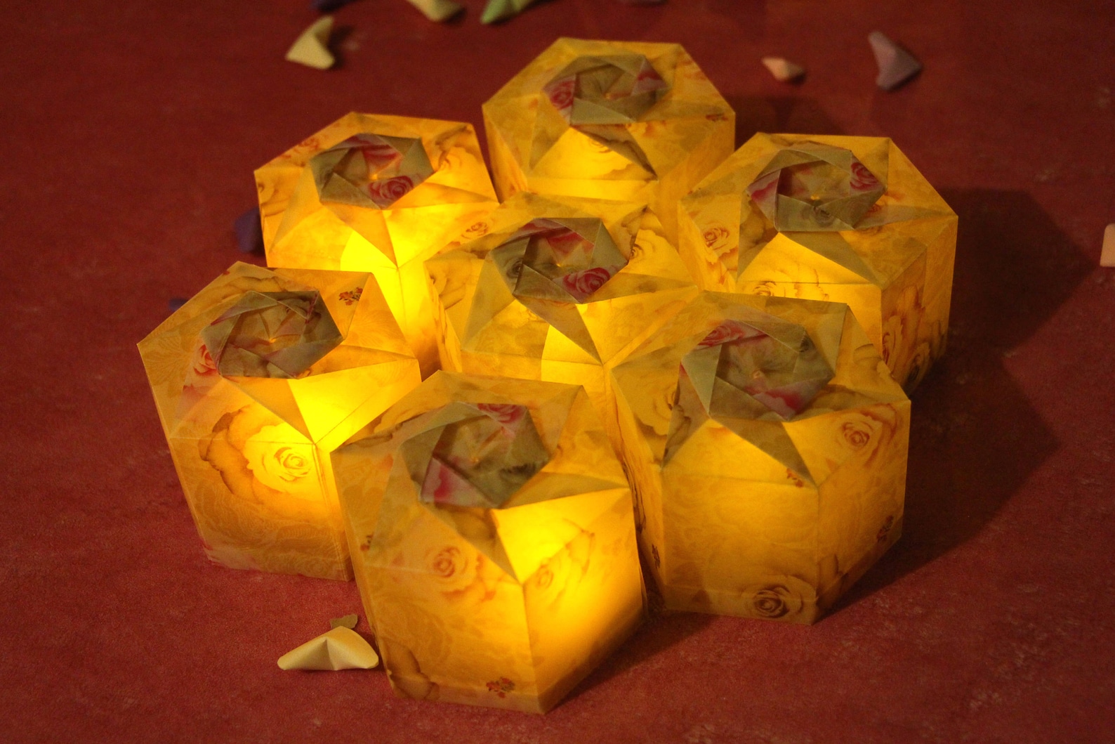 Origami Paper Lantern, Tea Light Holder With Rose Flower & LED Candle