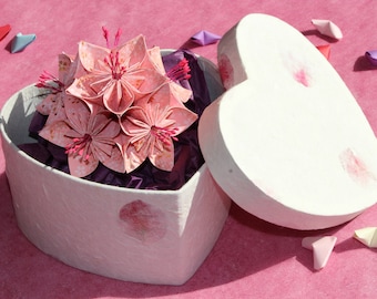 Origami flower in heart trinket box, pink with white cherry blossom - birthday present, 1st paper or 4th flower wedding anniversary