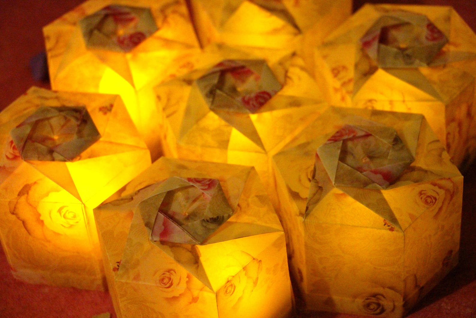 Origami Paper Lantern, Tea Light Holder With Rose Flower & LED Candle
