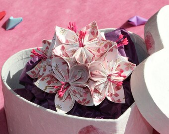 Origami Flower in Heart Trinket Box - white with pink cherry blossom - Birthday present, 1st paper / 4th flower wedding anniversary