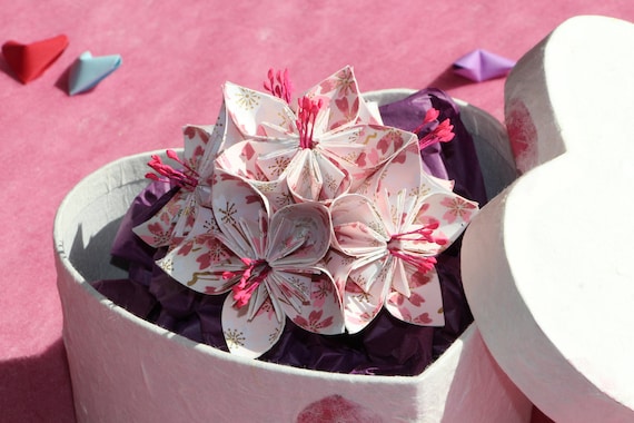 Origami Flower in Heart Trinket Box - white with pink cherry blossom - Birthday present, 1st paper / 4th flower wedding anniversary