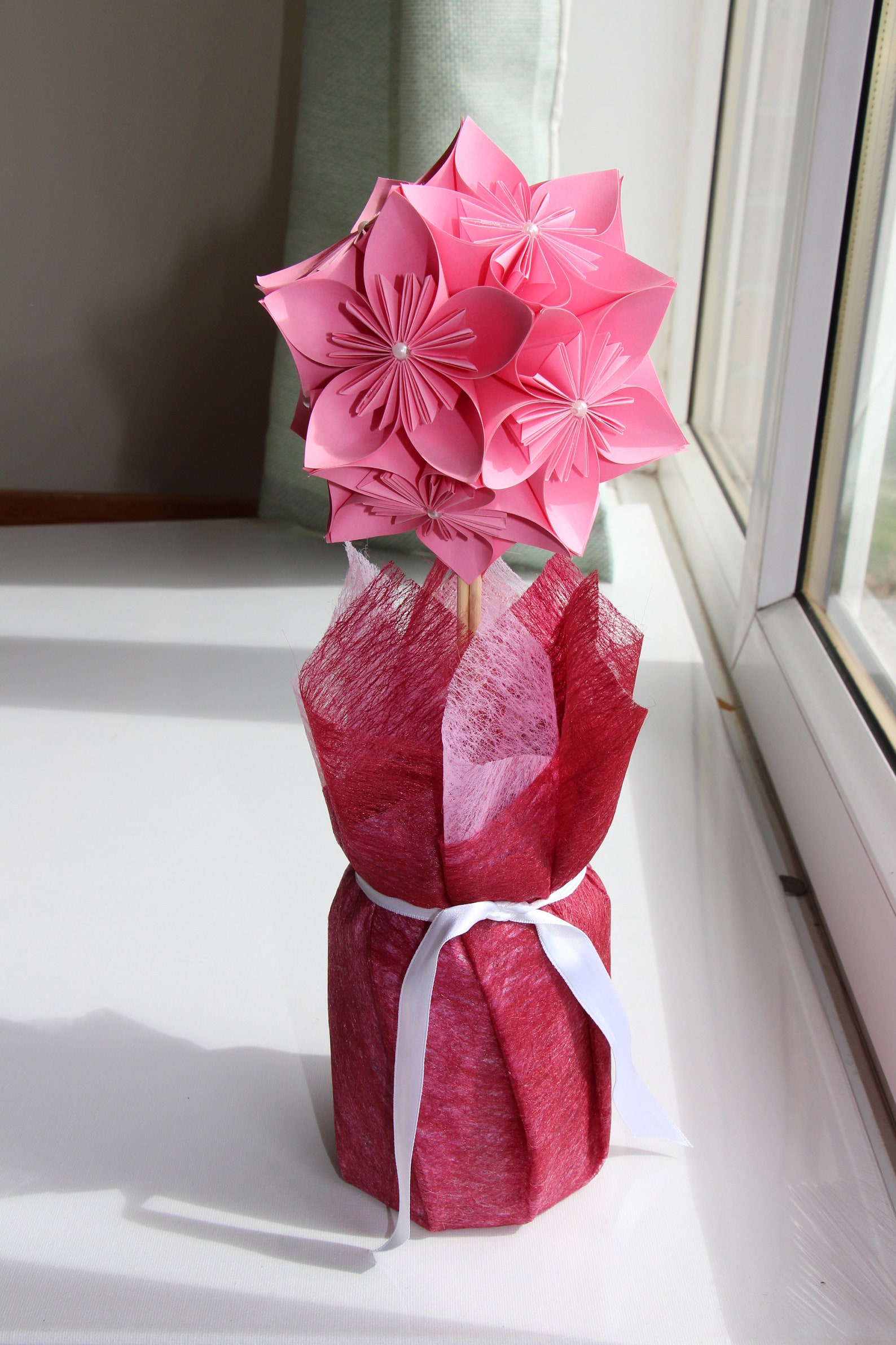 Pink Origami Paper Flower Arrangement 1st Paper or 4th Flower Wedding