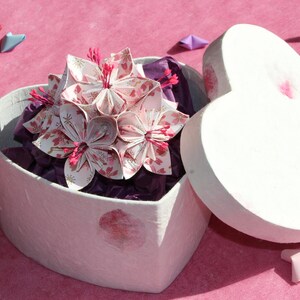 Origami Flower in Heart Trinket Box - white with pink cherry blossom - birthday present, 1st paper / 4th wedding anniversary, gift for her image 2
