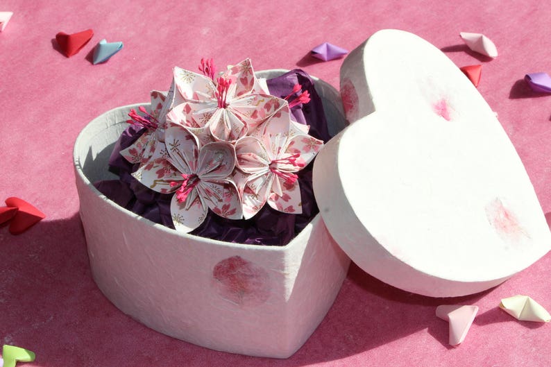 Origami Flower in Heart Trinket Box - white with pink cherry blossom - birthday present, 1st paper / 4th wedding anniversary, gift for her image 2