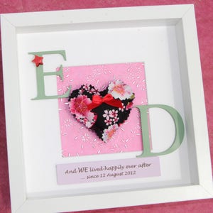 Personalizzato tradizionale 4th / Modern 8th Linen Wedding Anniversary gift, cornice Shadow box, cuore di lino, fiore di ciliegio, regalo per lui lei