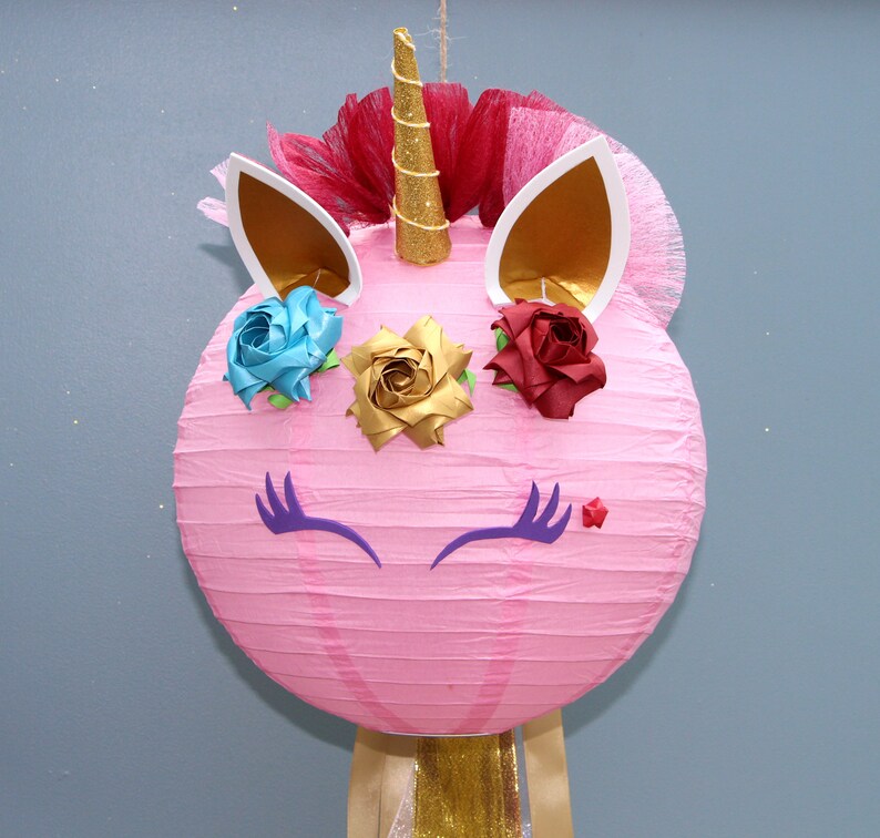 Pink unicorn lightshade, lampshade, paper lantern gold horn & pearl rose girl's bedroom decoration, baby nursery, birthday party present image 1