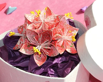 Origami Paper Flower in Heart Box, red cherry blossom - 1st paper / 4th flower wedding anniversary, birthday present, gift for him / her