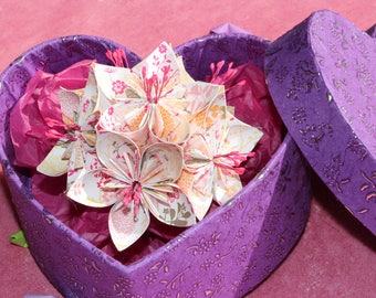 Origami paper flower in heart box with card - birthday present or traditional 1st paper / 4th flower wedding anniversary, gift for her