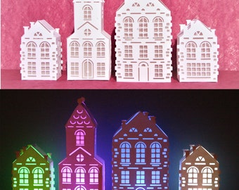 Christmas village paper light house - changing multicolour LED candles, partially assembled DIY kit, handmade home decoration, paper cutting