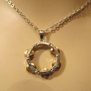 Silver Tambourine with Gold Jingles Tambourine Charm - Fashion Necklace