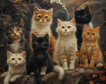 Peut inclure: Un groupe de huit adorables chatons dans différentes poses, avec un mélange de fourrure blanche, orange, noire et brune. Ils sont assis sur des rochers dans un décor forestier avec une petite maison en bois en arrière-plan.
