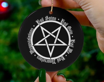 Pentagram Last Podcast signoff Ceramic Ornament, Last Podcast On the Left Christmas ornament, LPOTL ornament, Hail me, hail satan etc.