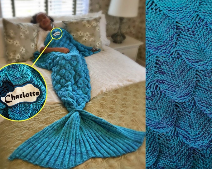 Personalised Mermaid Tail Blanket / Kids and Adults / Turquoise Scales / Fish Scales Pattern / Personalised Gift / Choose Name