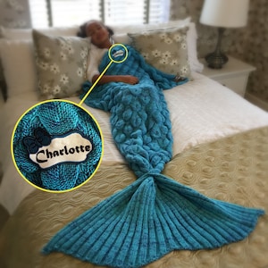 Personalised Mermaid Tail Blanket / The Siren&#39;s Lagoon | Kids and Adults | Turquoise Blue Green Scales | Birthday Gift