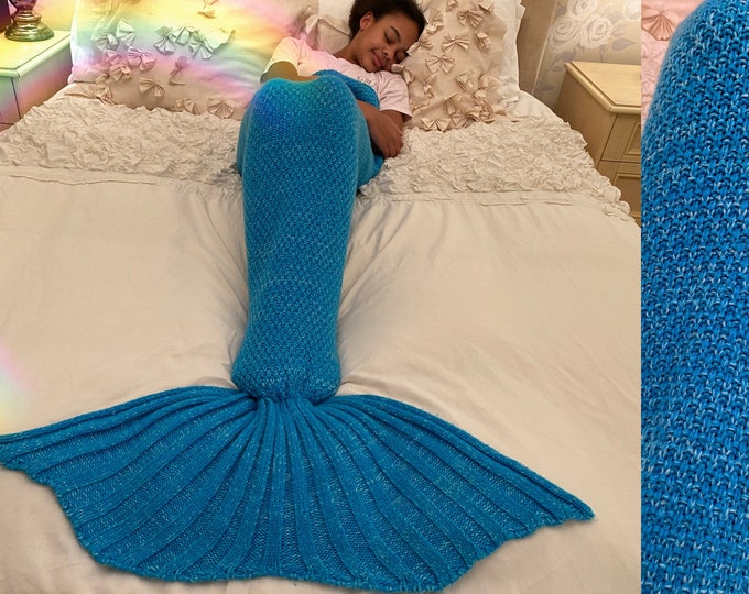 Personalised Mermaid Tail Blanket / Kids and Adults / Turquoise Blue Wool Blend / Personalised Gift / Choose Name