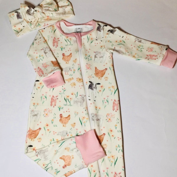 Farm Girl New born Zippered Gown,  Chicken Baby Outfit, Boho Farm Animals Hospital Gown, Bamboo Zippered Gown.