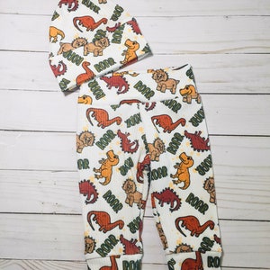 Dino boy leggings and hat, newborn Dino outfit, hospital baby outfit, Dino baby hat. image 1