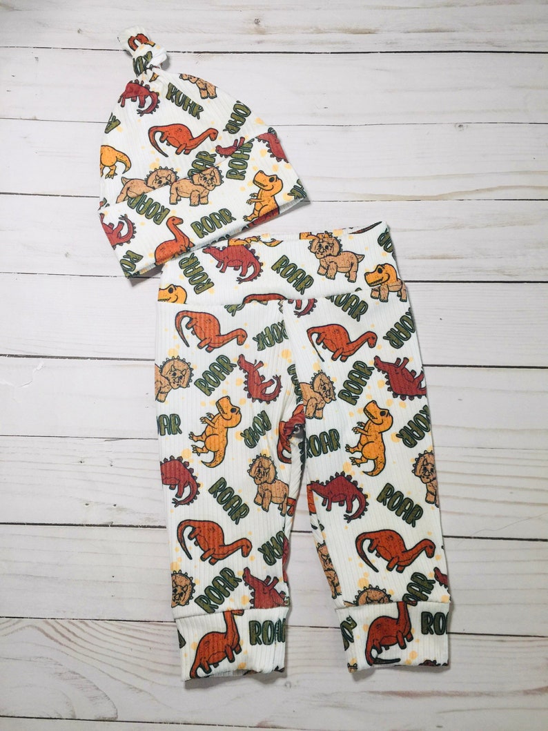 Dino boy leggings and hat, newborn Dino outfit, hospital baby outfit, Dino baby hat. image 1