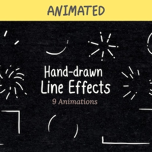 May include: A black background with white hand-drawn line effects. The word "ANIMATED" is at the top, with the text "Hand-drawn Line Effects" and "9 Animations" below. The image displays various animated line effects.
