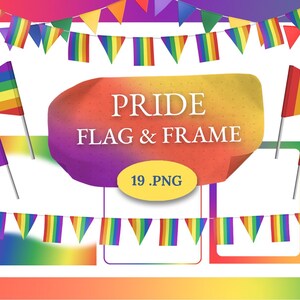 May include: A graphic design featuring Pride flags and bunting in rainbow colors. The design includes the text "PRIDE FLAG & FRAME" and a file name. The image has a colorful gradient background.