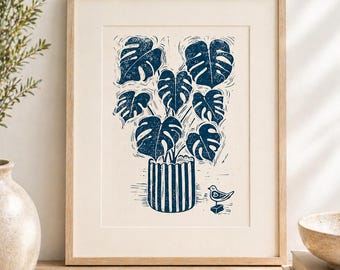 Grabado en linóleo de la planta Monstera – Arte botánico para pared, decoración del hogar inspirada en la naturaleza, tamaño A4
