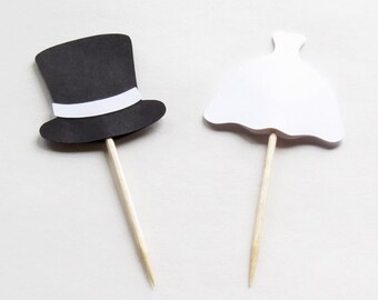 12 Top Hat And Wedding Dress Cupcake Toppers - 1.5" Inch Choose Your Color/Colors Groom Bride Wedding Party Picks Scrapbooking Decorations