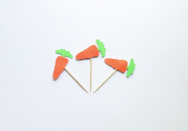 12 Carrot Cupcake Toppers 1.5 Inch One Dozen Party Picks Nature Garden Easter Bunny Veggie Gift Wrapping Scrapbooking Decorations Cute image 1