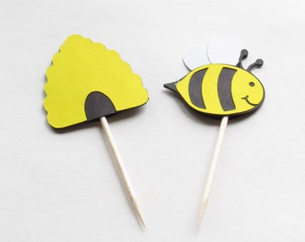 12 Bumble Bee and Bee Hive Cupcake Toppers - 1.5" Inch One Dozen Yellow Black Party Picks Nature Bug Gift Scrapbooking Decorations Cute