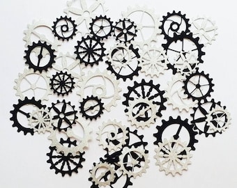 Silver and Black Glitter Gear Die Cuts - Confetti Diecuts Steampunk Cogs Mechanical Industrial Boy Party Tools