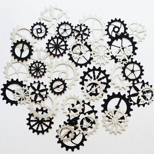 Silver and Black Glitter Gear Die Cuts - Confetti Diecuts Steampunk Cogs Mechanical Industrial Boy Party Tools