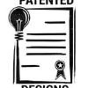Puede incluir: Ilustraci&oacute;n en blanco y negro de un documento de patente con una bombilla en la parte superior. El documento tiene la palabra "PATENTED" en la parte superior y "DESIGNS" en la parte inferior.