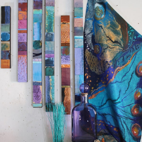 Peacock Aqua Blues Violets Majenta Purples Totems A Color Lovers Feast Bohemian Abstract Modern Textured 2D Mixed Media Up Scale Collages