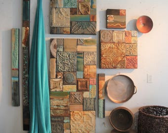SOLD Natural Textured  &quot;Sea Rocks&quot; Boho Over-Sized 1800&#39;s Ceiling Tin Metal Tile Wall 2D Large Relief Collage 21 x54 ins  Antique Patina