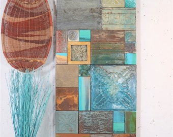Mixed Media Rustic Turquoise Tin Tile Wood Art Beautiful Hand Painted Lori Daniels Metal Wall Collage 135 yr Old Antique Lake Beach Canyons