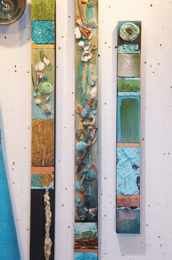 SALE 3 Tall Found Object Decor Sea Song Turquoise Coastal Ocean