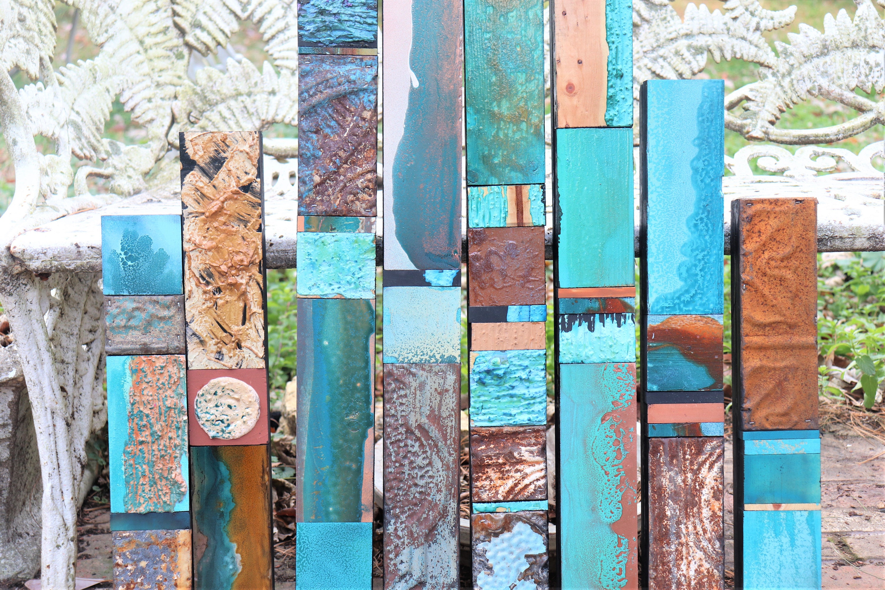 Huge Turquoise Teal TOTEM Set 20 Wood Block Abstract Assemblage