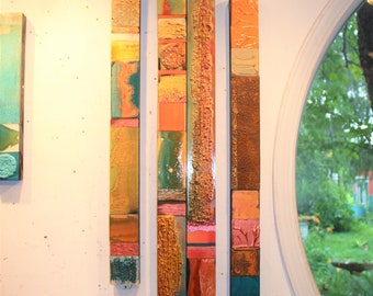 Terra Cotta Canyon Soul Totems Art Wood Bock Vintage Ceiling Tin Collages Textured 42 in Buy one or set BoHo Folk Southwestern Tribal Ethnic