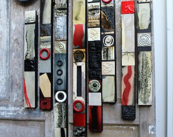 Wall Sculpture Reliefs  Mid Century Red Textured Black Color Block Soul Totems Abstract Minimalist Modern Reclaimed Wood Metal BOHO Collage
