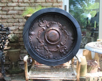 SALE Antique Tin Tile Fragment in 150 yr  Very Rare Window Frame Garden Patio Large Wall Art Metal Decor Reclaimed Distressed Artifact