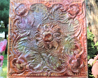 Zeer zeldzame Chicago World's Fair 1893 Historisch plafond Tin Peony Flower Tile 24x72" Geglazuurde Vintage Metal Art Architectural Gerecycleerde Salvage