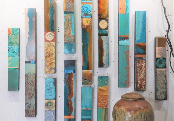 Huge Turquoise Teal TOTEM Set 20 Wood Block Abstract Assemblage