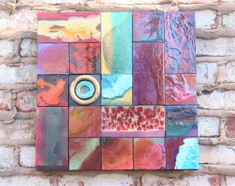 SALE Autumn Fall Mixed Media Quilt Wood Collage Hand Painted Unique Pottery Glazed Purple Lovers Tile Art Nouveau Deco Metal Wood Assemblage