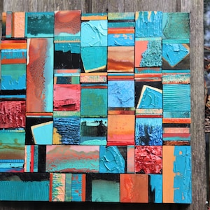 Large 21,in Sq Abstract Hand Painted Textured Pattern Wood Collage Translucent Watercolor Like Organic Glaze Modern Mid Century Tropical